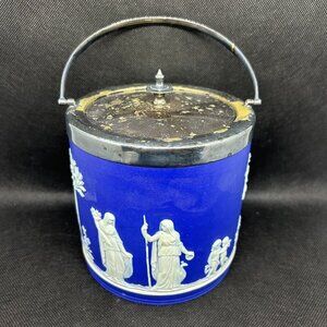 Antique dark blue Jasper bas relief Wedgwood biscuit barrel c. Late 1800-1900s